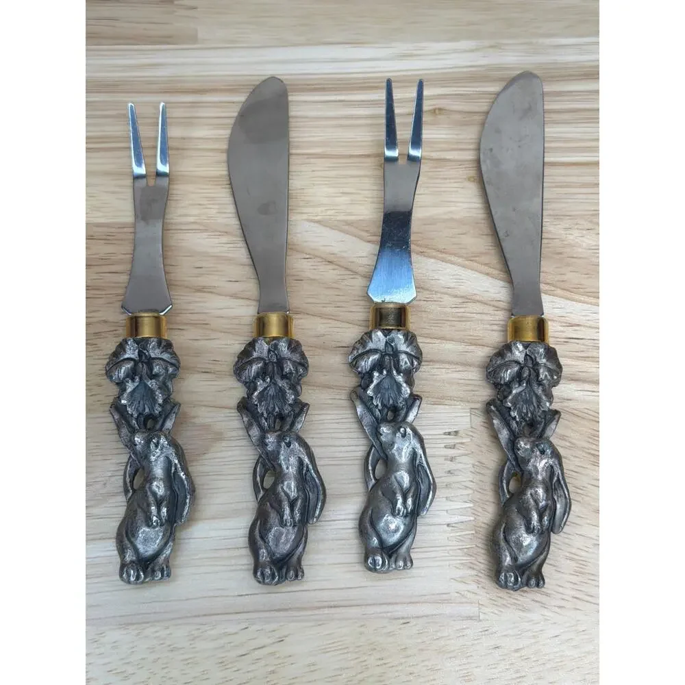 Arthur Court Rabbit Cheese Knife‎ Serving Set–4 Pieces –1988 2 forks & 2 knives